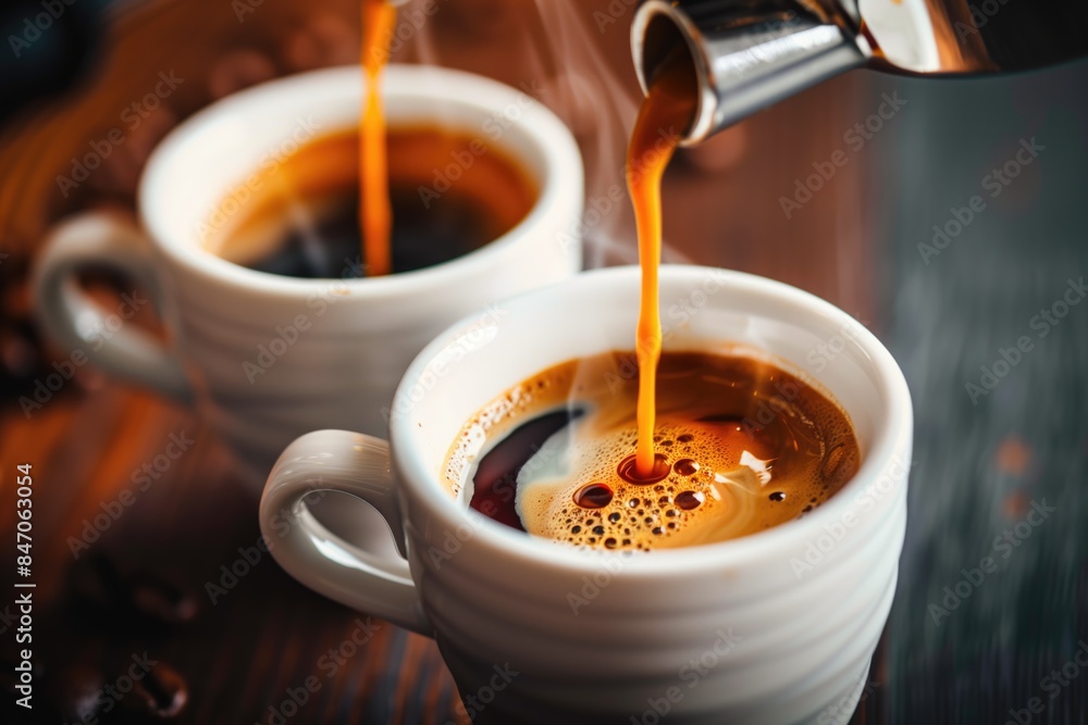 Close up espresso pouring from coffee with foamy froth machine AI generative Close up espresso pouring from coffee with foamy froth machine AI generative