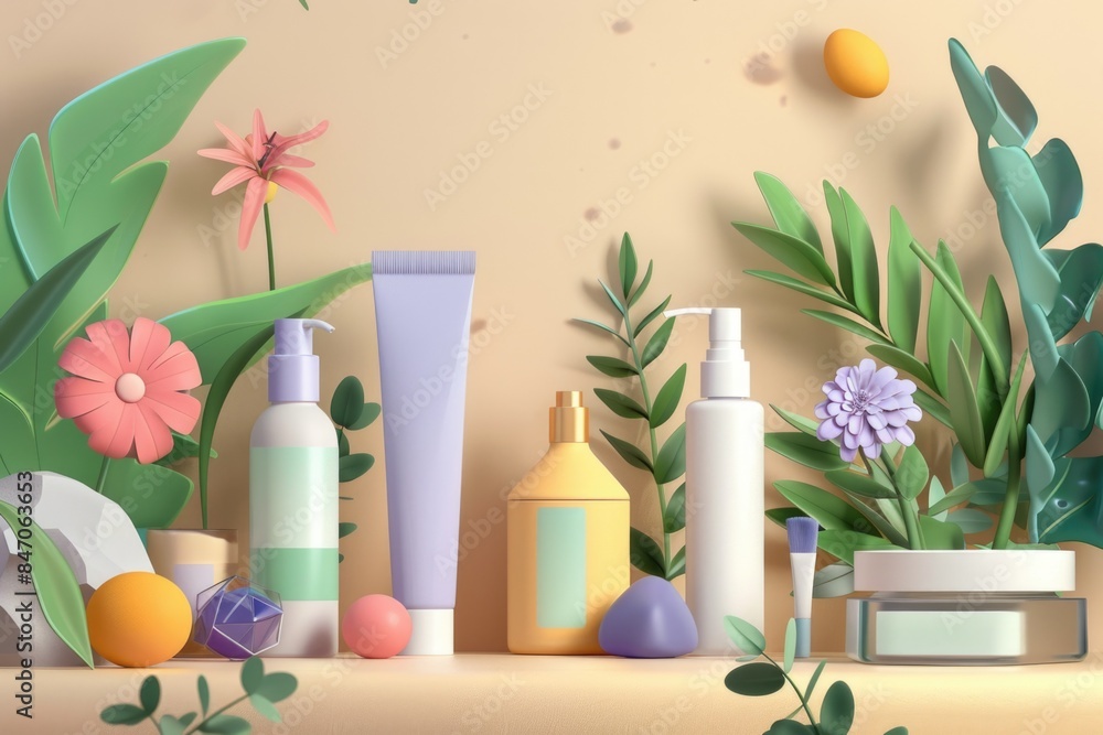 Cosmetic Product Display Among Lush Greenery for Natural Beauty and Skincare Advertising Cosmetic Product Display Among Lush Greenery for Natural Beauty and Skincare Advertising