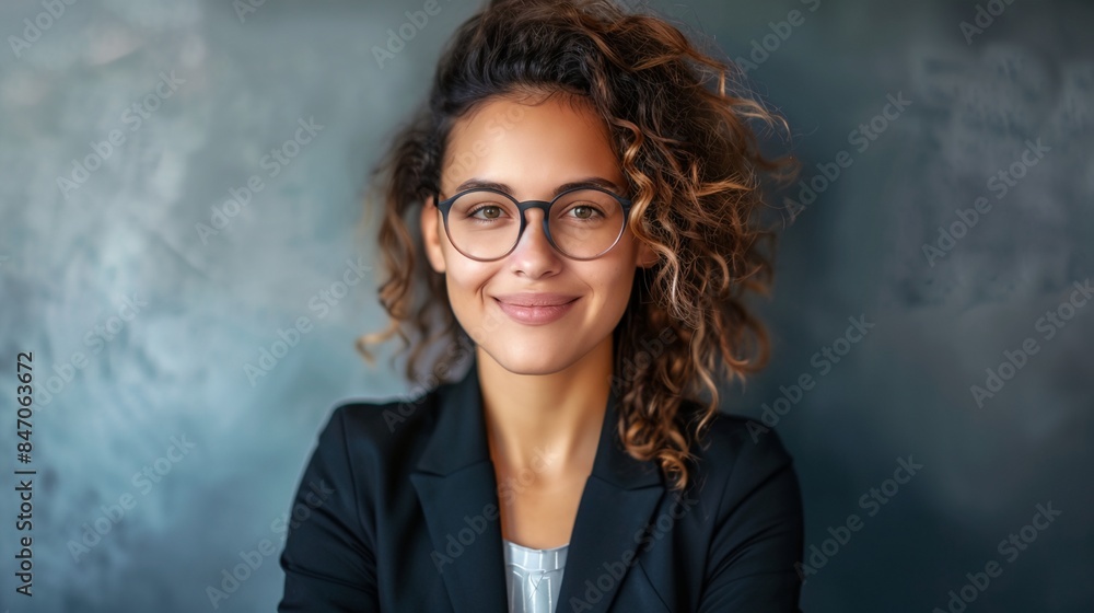 a woman with glasses smiling for the camera with a blue background behind her a woman with glasses smiling for the camera with a blue background behind her