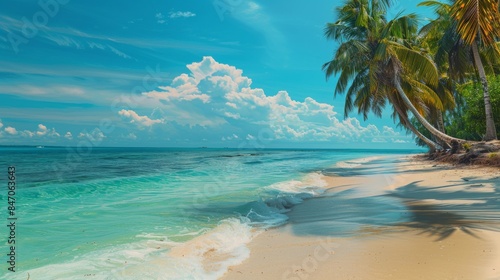 A vibrant summer background featuring a tropical beach scene, soft golden sands, clear turquoise water, palm trees swaying in the breeze, bright blue sky with a few white clouds