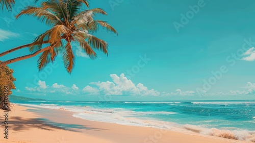 A vibrant summer background featuring a tropical beach scene, soft golden sands, clear turquoise water, palm trees swaying in the breeze, bright blue sky with a few white clouds