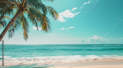 A vibrant summer background featuring a tropical beach scene, soft golden sands, clear turquoise water, palm trees swaying in the breeze, bright blue sky with a few white clouds