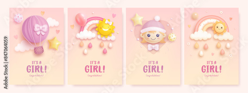 Set of baby shower card, poster, invitation design template with cartoon hot air balloon, rainbow and baby head on colorful background. Its a girl. Vector illustration