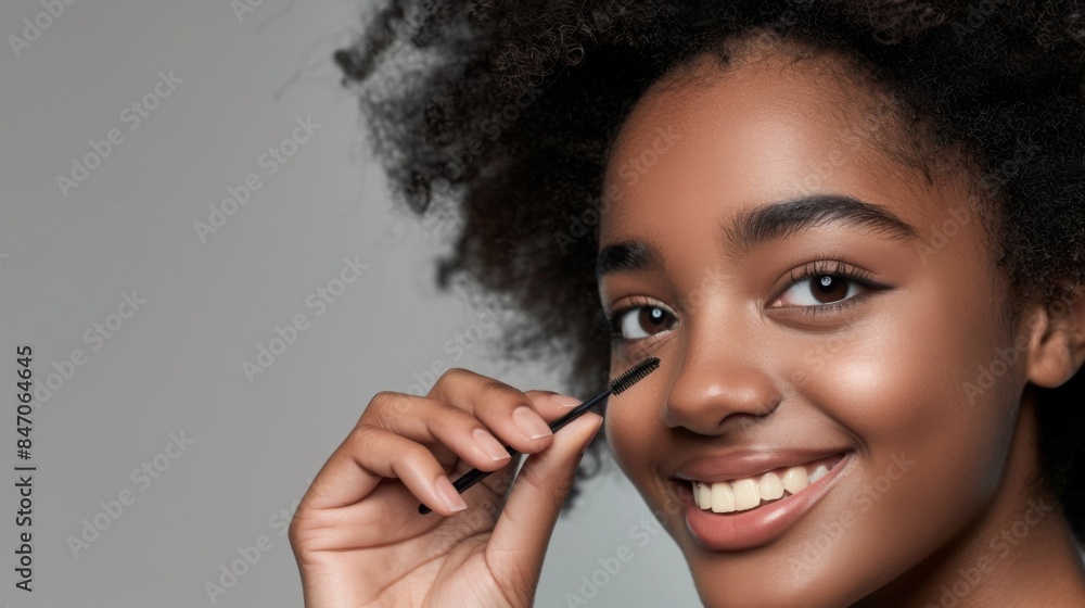 A young woman with curly hair smiles as she applies mascara to her eyelashes. A young woman with curly hair smiles as she applies mascara to her eyelashes.
