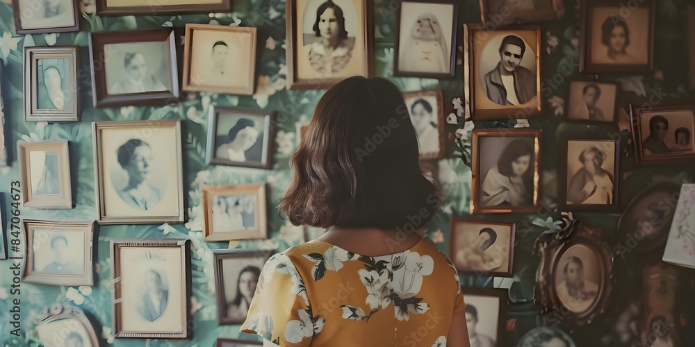 Tracing Ancestry Through DNA Woman Hangs Old Family Photos on Wall ...