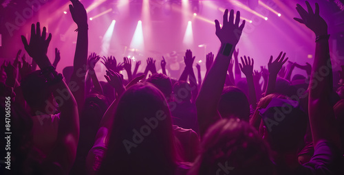 Wallpaper Mural 14 Cinematic photos of the crowd at a concert, night club background, concert lights up, dark purple and pink color theme, design Torontodigital.ca