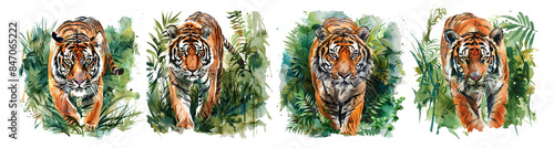 Set of four watercolor tigers in lush greenery, symbolizing wildlife conservation and the vibrant beauty of summer and autumn seasons, isolated on white background