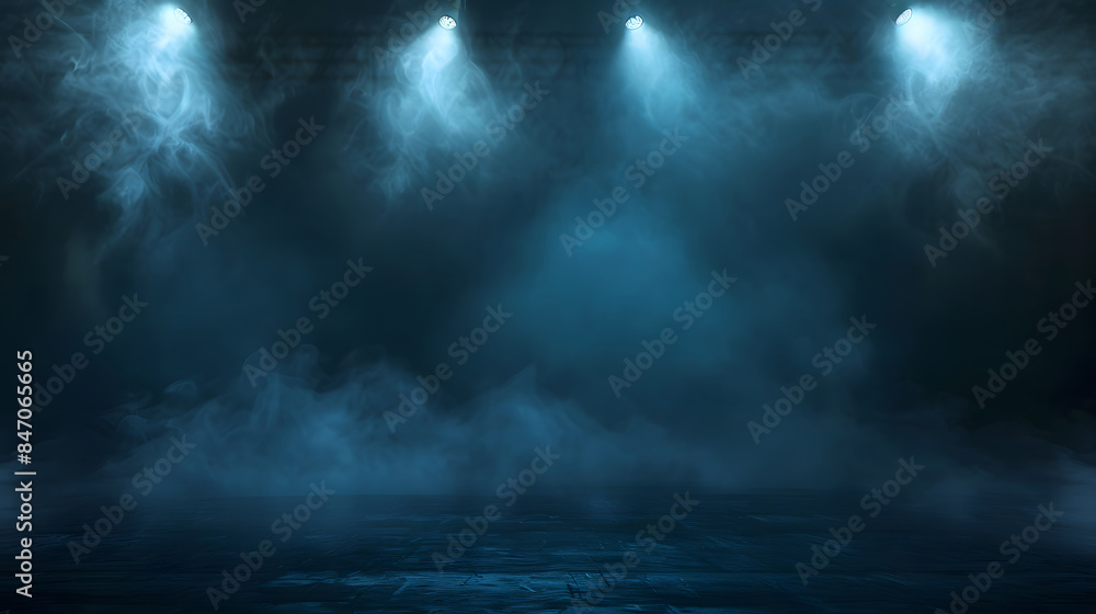 The dark scene has a smoky dark blue background. Empty dark room with spotlights for displaying product design The dark scene has a smoky dark blue background. Empty dark room with spotlights for displaying product design