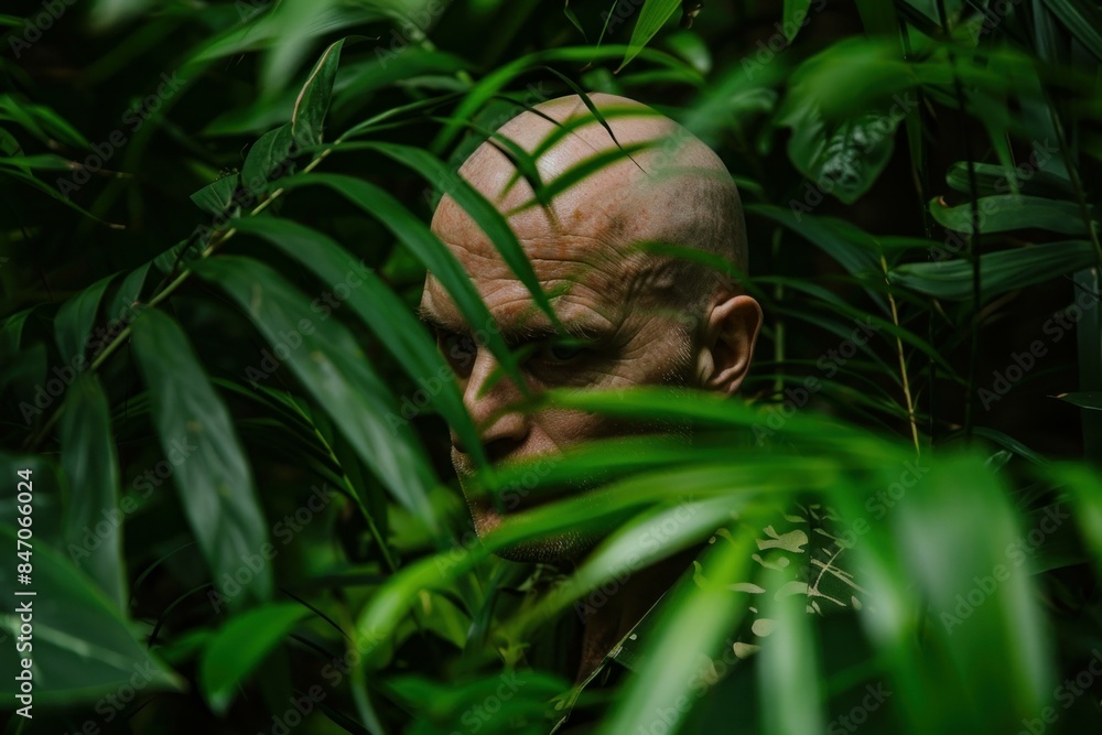 Fototapeta premium Serious military man is taking cover, blending in with his green surroundings