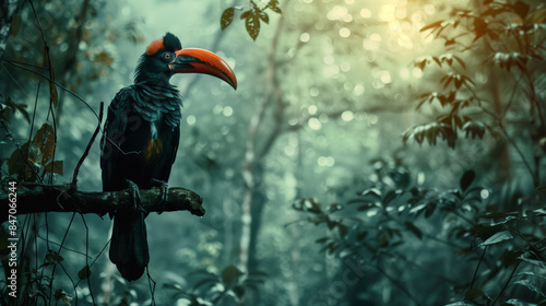 Knobbed Hornbill Perching on Branch in Forest photo