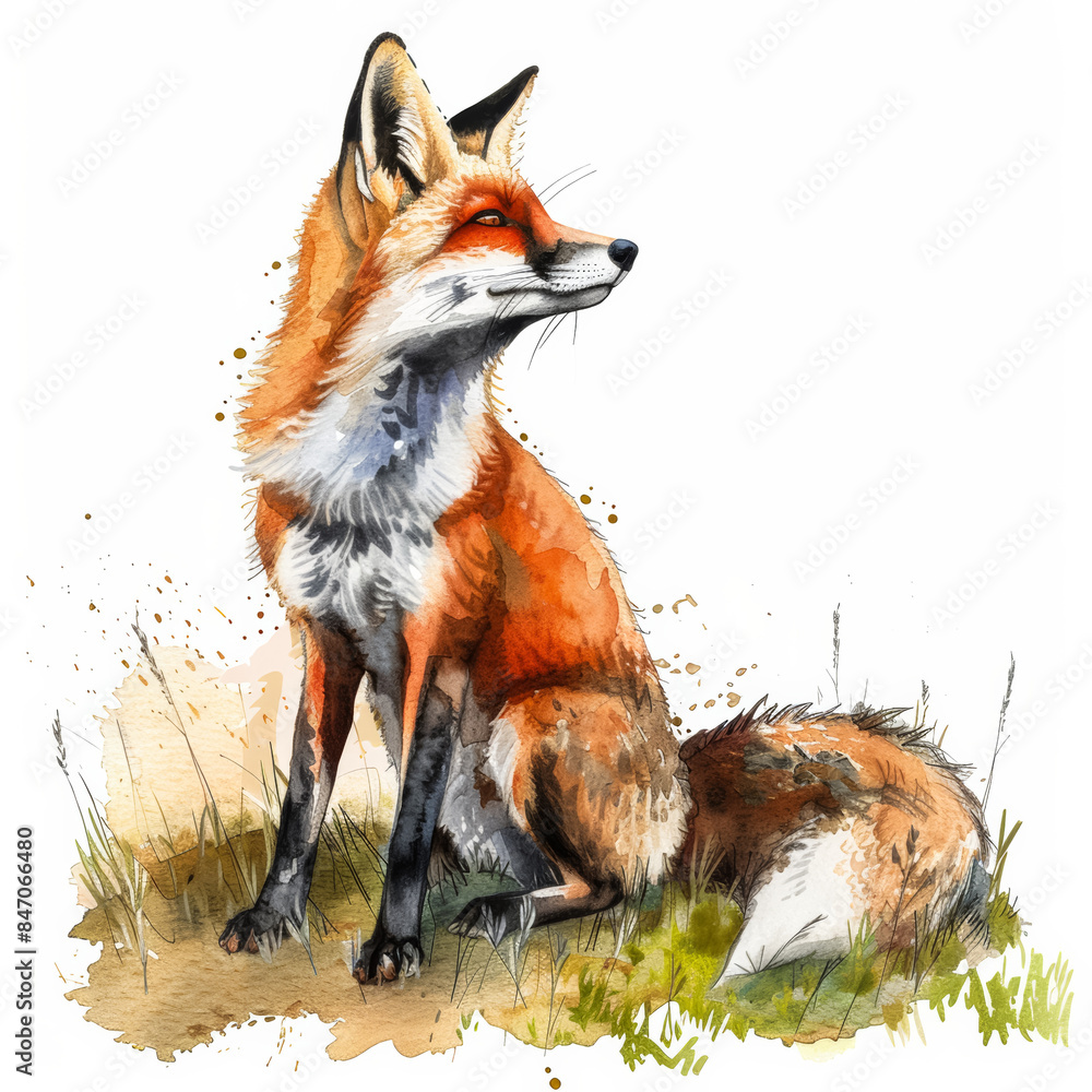 Obraz premium Charming Red Fox with Bushy Tail on Grassy Hillside Ink Watercolor Illustration