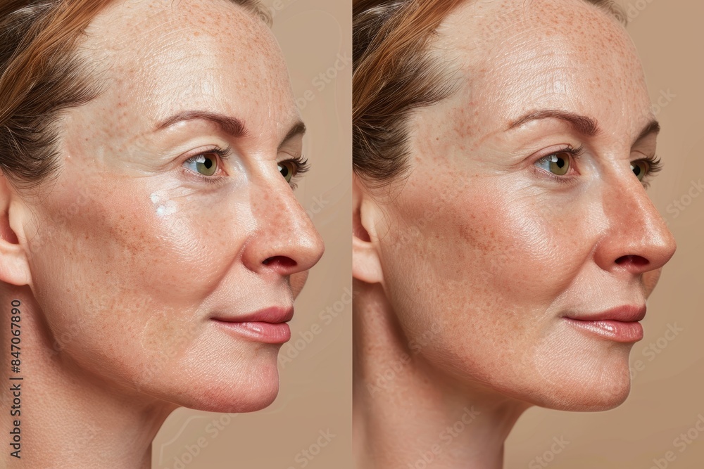 Before and After Comparison of Biorevitalization Treatment on Woman's Face Showing Skin Rejuvenation Effects Before and After Comparison of Biorevitalization Treatment on Woman's Face Showing Skin Rejuvenation Effects