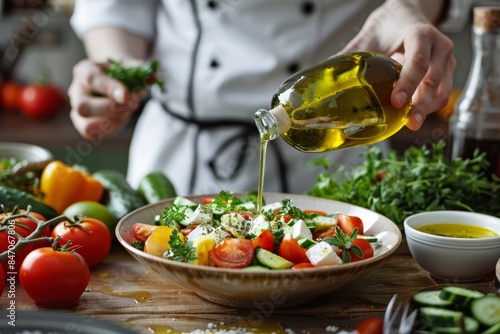 Chef Drizzling Olive Oil over Vibrant Greek Salad in Modern Kitchen Setting for Fresh Cuisine Inspiration