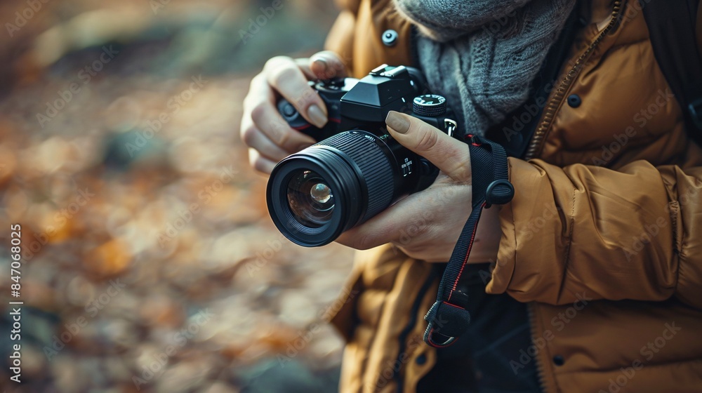 Close-up of person holding a camera in an outdoor autumn setting, capturing the beauty of nature. Perfect for photography and nature themes. Close-up of person holding a camera in an outdoor autumn setting, capturing the beauty of nature. Perfect for photography and nature themes.