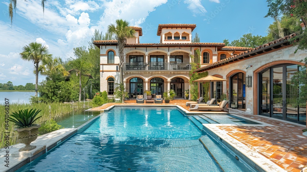Fototapeta premium Large custom home on the water with pool 
