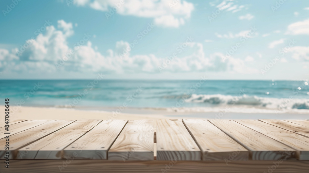 Fototapeta premium Serene Beach View with Wooden Deck - Generative AI