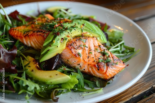 Colorful Paleo Grilled Salmon with Avocado and Mixed Greens on Rustic Wooden Table