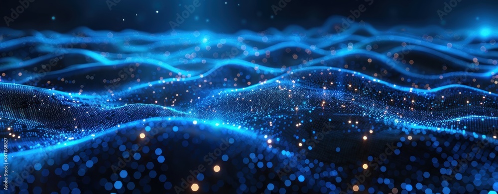 Abstract Blue Waves with Glowing Particles Abstract Blue Waves with Glowing Particles
