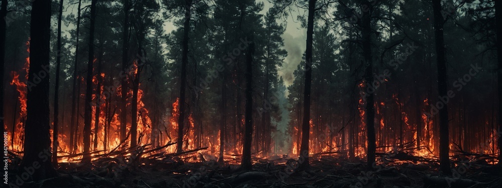 The rising threat of a forest fire. A fiery forest scene with trees engulfed in flames and embers, highlighting the intense and destructive power of wildfires. The rising threat of a forest fire. A fiery forest scene with trees engulfed in flames and embers, highlighting the intense and destructive power of wildfires.