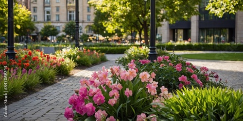 Wallpaper Mural A beautifully landscaped garden walkway with blooming flowers and greenery in an urban setting Torontodigital.ca