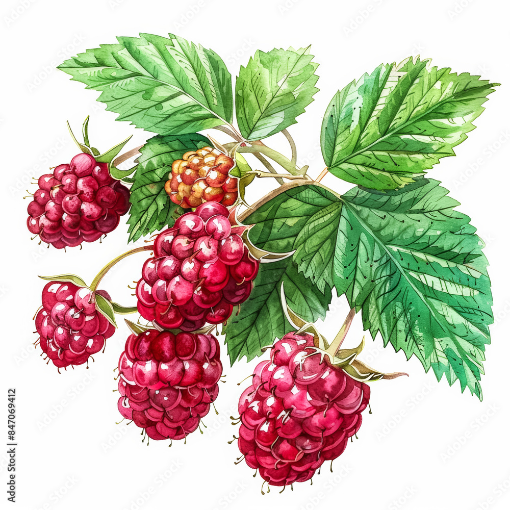 Vibrant Red Raspberry with Fresh Green Leaves, Watercolor Illustration on White Background Vibrant Red Raspberry with Fresh Green Leaves, Watercolor Illustration on White Background
