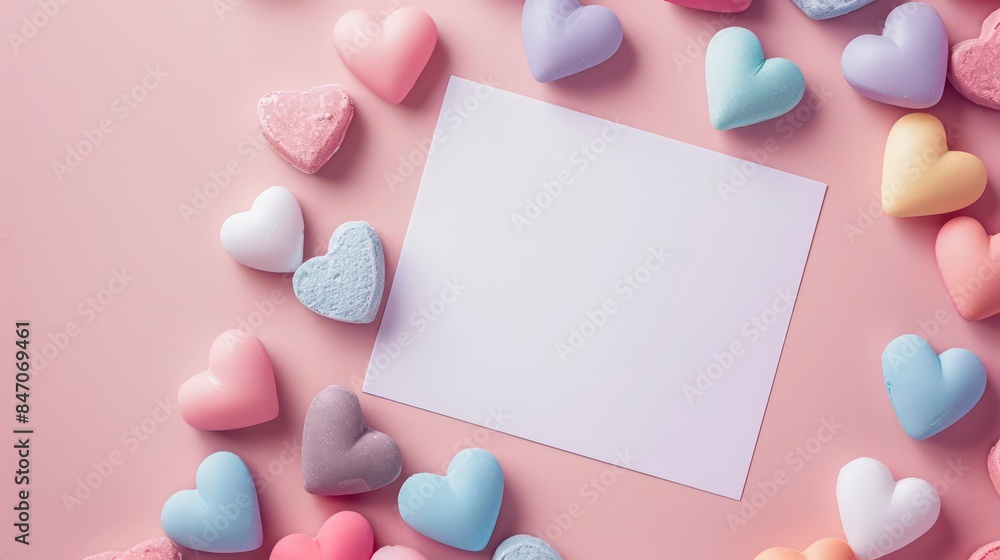 Blank greeting card and colorful heart shaped candies isolated on pastel pink background with copy space, concept of Valentine's day event invitation, sweet girl's birthday. Generative AI Blank greeting card and colorful heart shaped candies isolated on pastel pink background with copy space, concept of Valentine's day event invitation, sweet girl's birthday. Generative AI