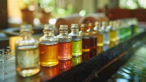 Colorful Array of Aromatherapy Essential Oils in Spa Setting for Relaxation and Therapeutic Use