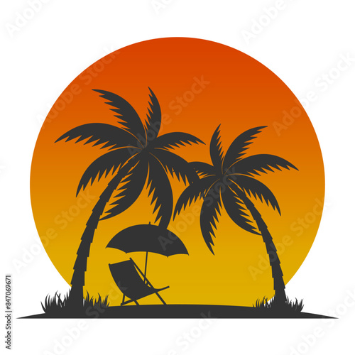 Illustration of silhouettes of palm trees with the sun and a sun lounger with an umbrella on a white background