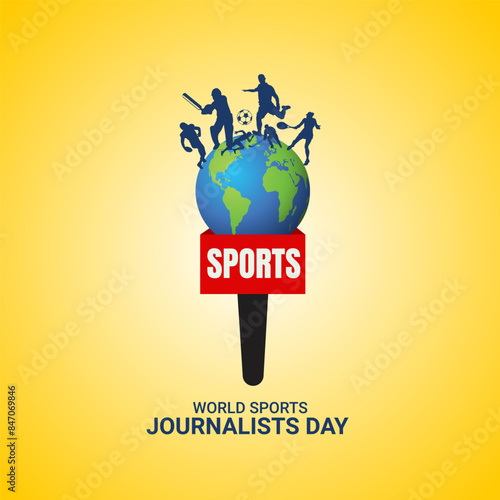World Sports Journalists Day creative unique vector illustration, International Sports Journalist Day, microphone, and looks into the camera live in the media. Vector. 2 JULY