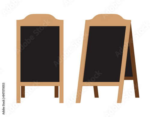 Wooden street sandwich empty stand black menu board. Welcome stand sign with black side.