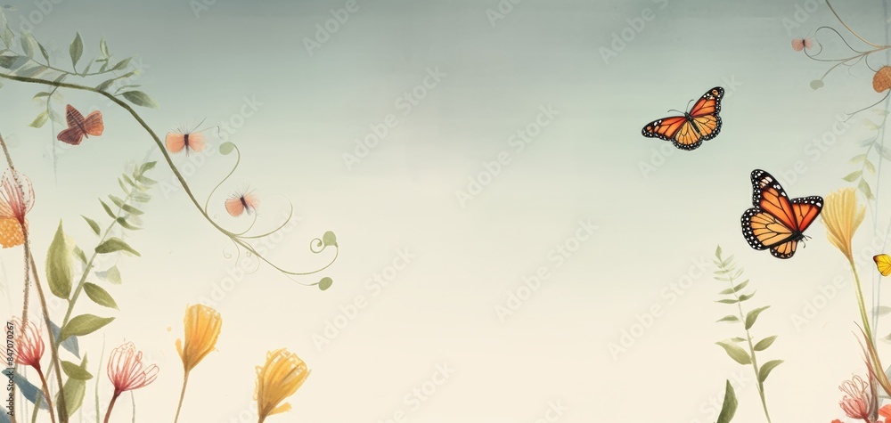 Beautiful spring scene with vibrant flowers and butterflies in a serene, pastel background. Ideal for nature themes and designs. Beautiful spring scene with vibrant flowers and butterflies in a serene, pastel background. Ideal for nature themes and designs.