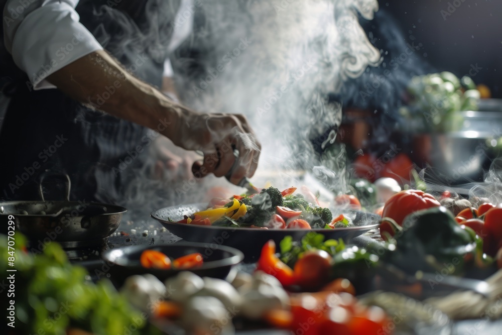 Chef Preparing Gourmet Vegan Dish in a Dynamic Kitchen With Steaming Fresh Ingredients Chef Preparing Gourmet Vegan Dish in a Dynamic Kitchen With Steaming Fresh Ingredients
