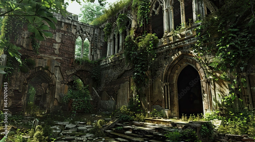 Naklejka premium Ancient Jungle-Medieval-Ruin Interior. AI generated art illustration.