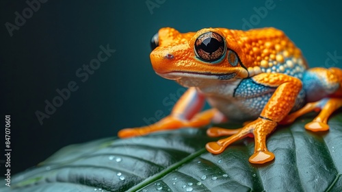 A bright green tree frog with bulging red eyes perches on a tropical leaf photo