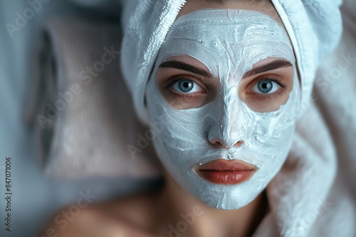 A stunning woman wearing a white facial mask in the bathroom.
