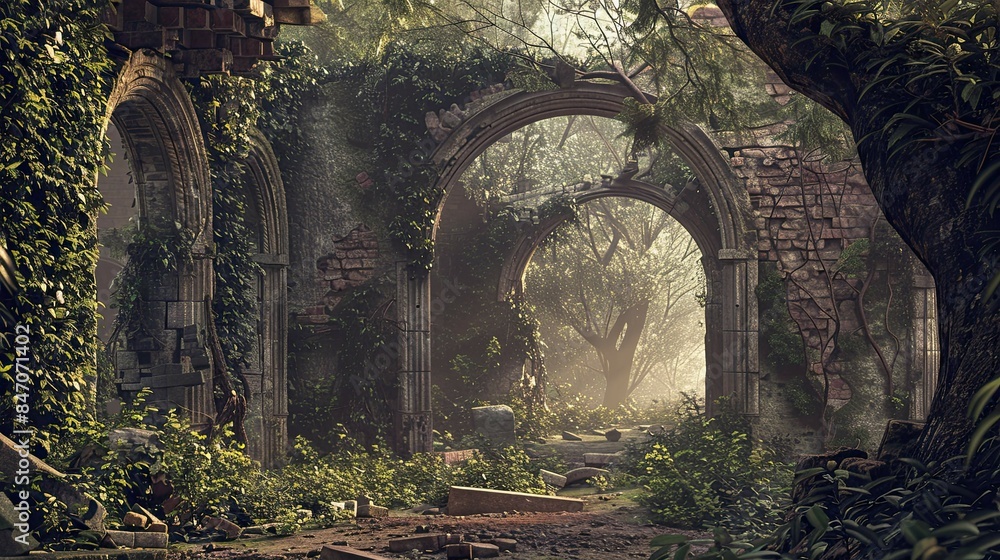Naklejka premium Ancient Jungle-Medieval-Ruin Interior. AI generated art illustration.