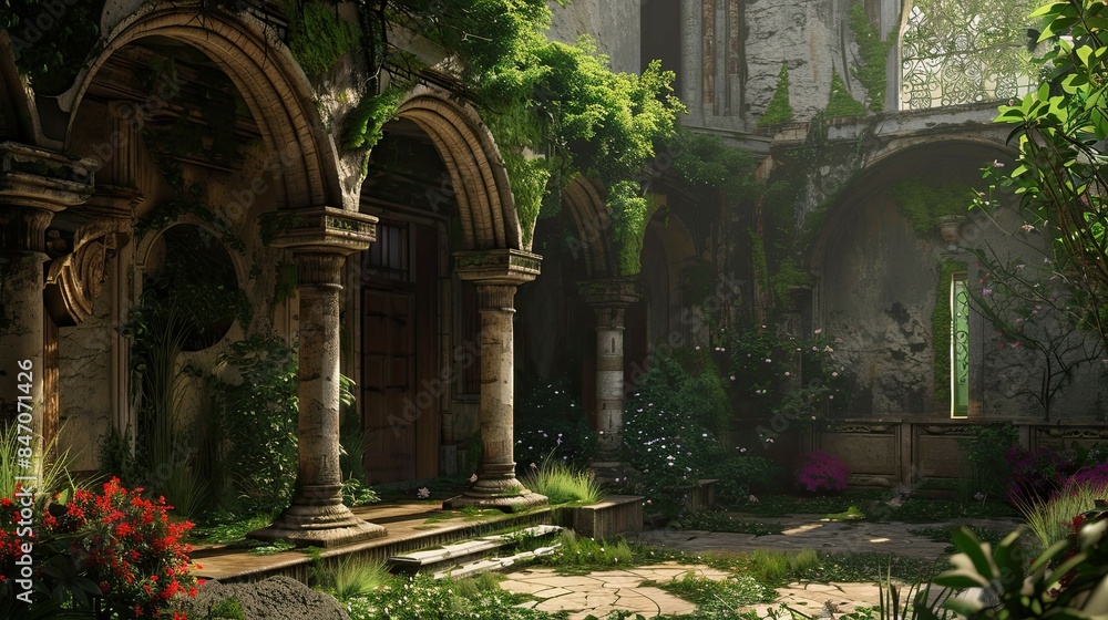 Ancient Jungle-Medieval-Ruin Interior. AI generated art illustration. Ancient Jungle-Medieval-Ruin Interior. AI generated art illustration.