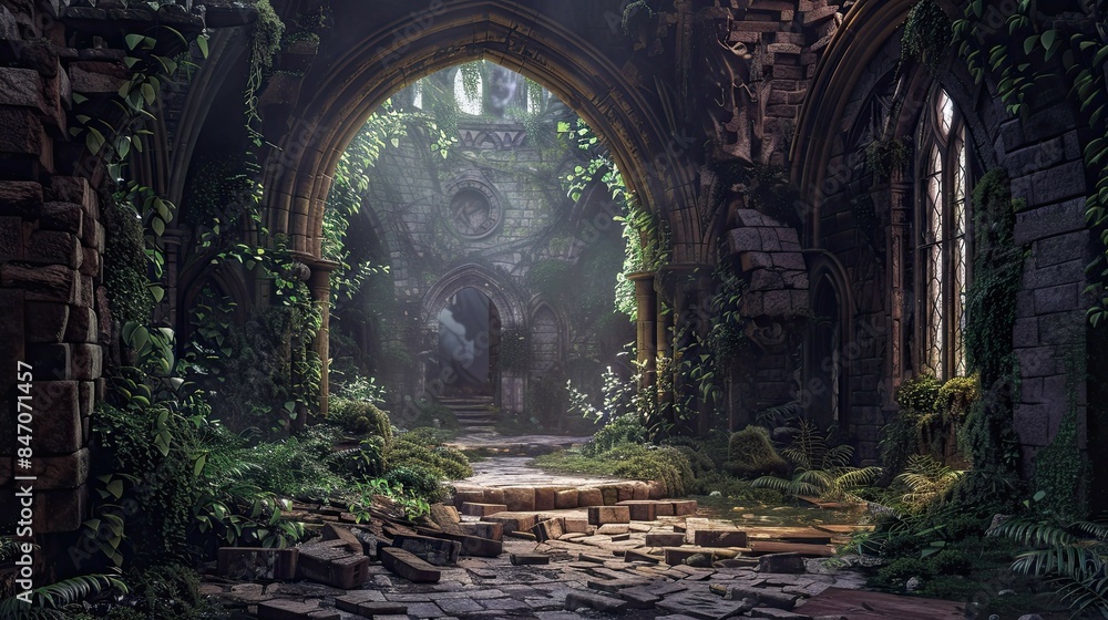 Ancient Jungle-Medieval-Ruin Interior. AI generated art illustration. Ancient Jungle-Medieval-Ruin Interior. AI generated art illustration.