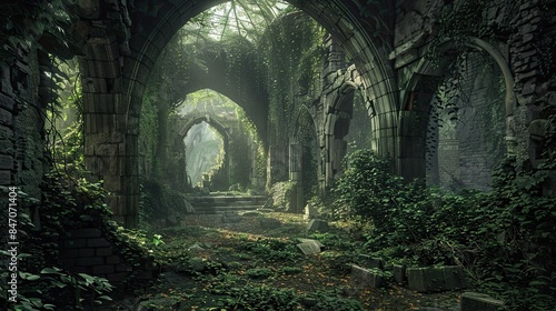 Ancient Jungle-Medieval-Ruin Interior. AI generated art illustration. © Fire