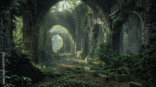 Ancient Jungle-Medieval-Ruin Interior. AI generated art illustration.