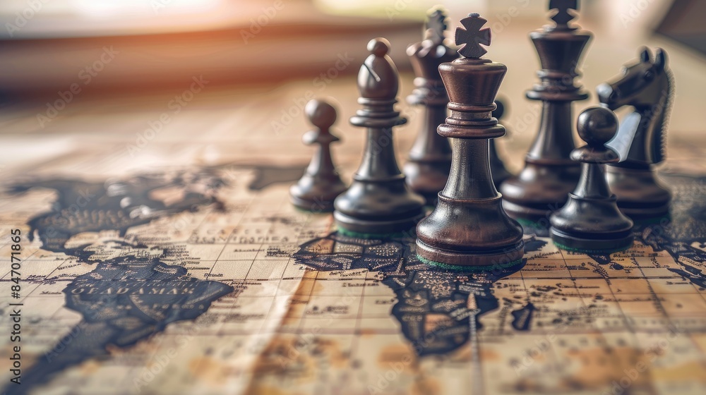 Global Game Chess pieces stand poised on a vintage world map, a stark reminder of the strategic nature of global affairs The image invites contemplation on the power dynamics at play Global Game Chess pieces stand poised on a vintage world map, a stark reminder of the strategic nature of global affairs The image invites contemplation on the power dynamics at play