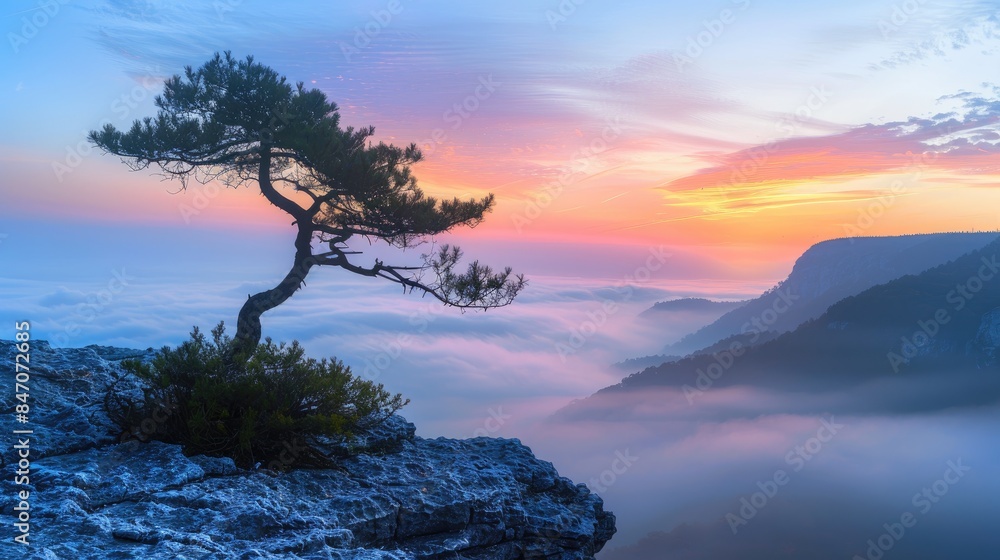 Mountain Majesty A lone tree, its silhouette a testament to resilience, stands atop a mountain ridge as a misty sunrise paints the sky in a kaleidoscope of colors This awe-inspiring scene embodies st Mountain Majesty A lone tree, its silhouette a testament to resilience, stands atop a mountain ridge as a misty sunrise paints the sky in a kaleidoscope of colors This awe-inspiring scene embodies st