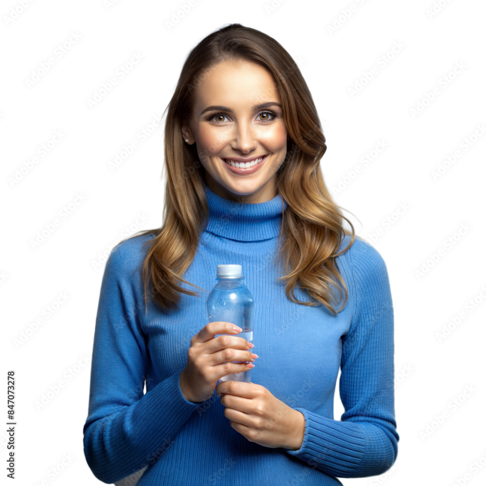 Smiling woman holding water bottle on transparent background Smiling woman holding water bottle on transparent background