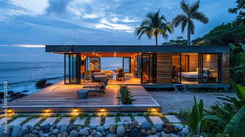 petite villa avec piscine au bord de mer avec palmiers à l'heure bleue photo