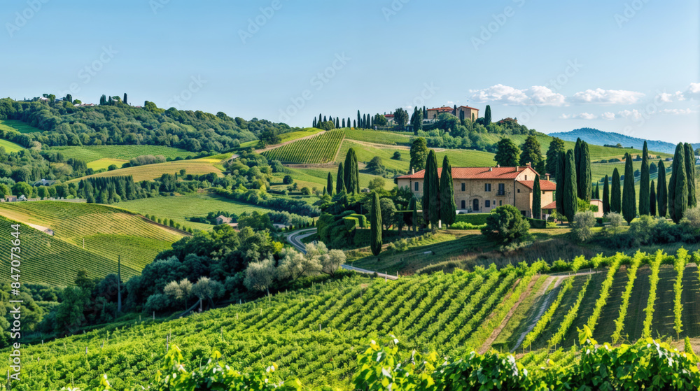 domaine viticole sur une colline vallonnée avec vignes et cyprès domaine viticole sur une colline vallonnée avec vignes et cyprès