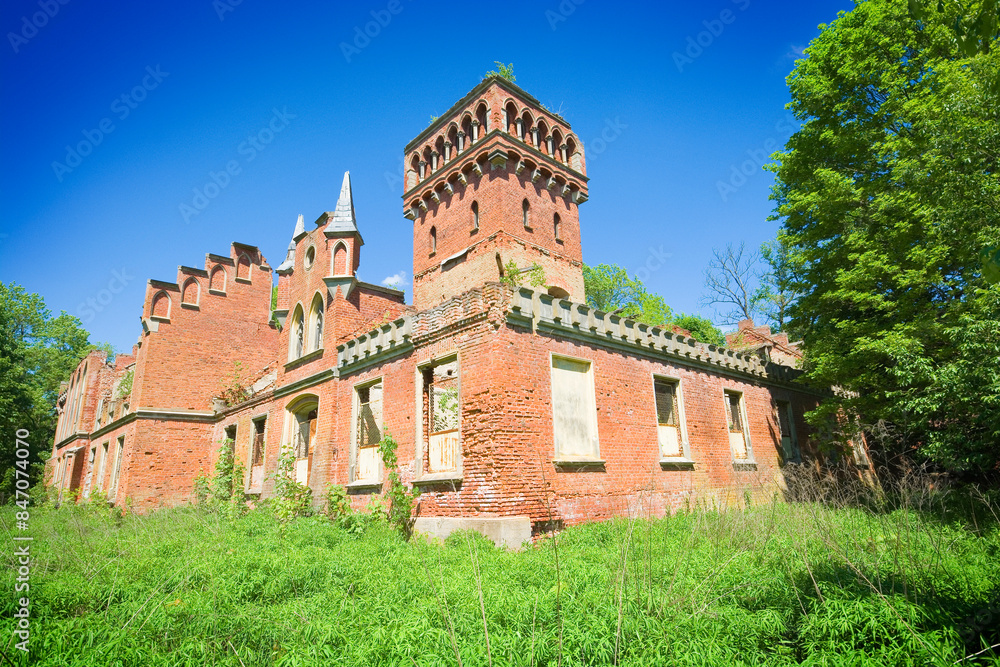 Fototapeta premium Ruins of the von Eulenburg family palace in Prosna, Poland (former Prassen, East Prussia)