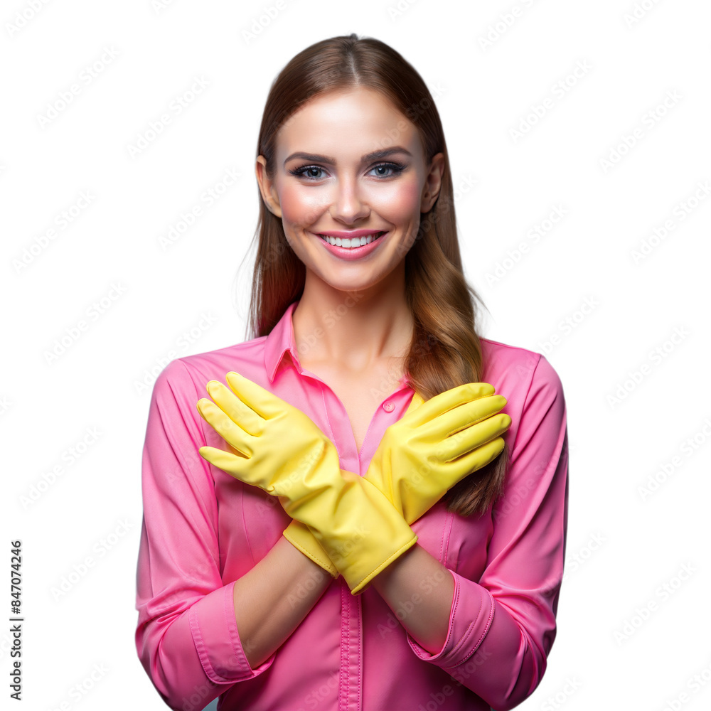 Smiling woman in yellow cleaning gloves on transparent background