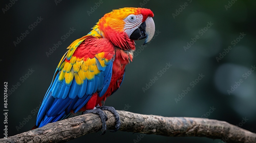 Fototapeta premium Vibrant macaw perched minimal clean background bright studio lighting showcasing the colorful plumage and strong beak