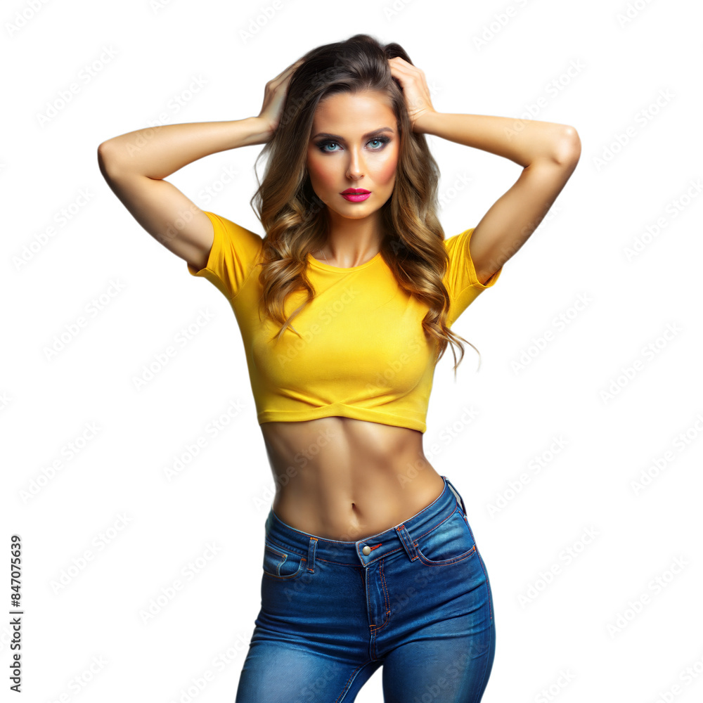 Confident young woman in yellow top posing on transparent background Confident young woman in yellow top posing on transparent background