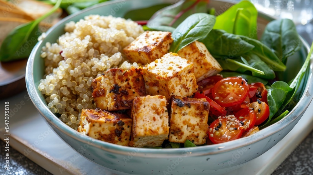 Vibrant vegan protein bowl featuring tofu, quinoa, spinach, and a rainbow of nutritious ingredients. Vibrant vegan protein bowl featuring tofu, quinoa, spinach, and a rainbow of nutritious ingredients.